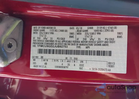 2018 Ford Escape Se from USA, damaged, VIN 1FMCU9GD2JUB92753